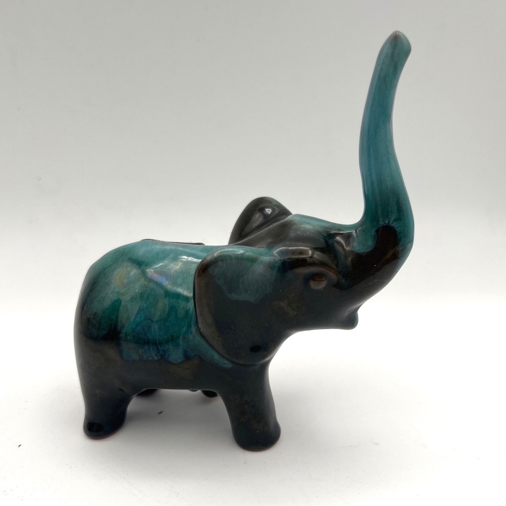 Vintage Blue Mountain Pottery Blue  Green Glaze Elephant Trunk up Good Luck